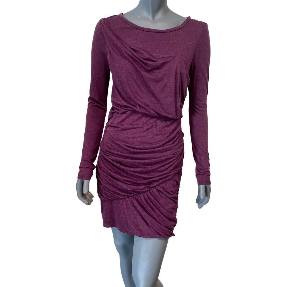 Heather Bordeaux Draped Ruched Bubble Hem Mini Dress Long Sleeve Purple Size M - Picture 2 of 11